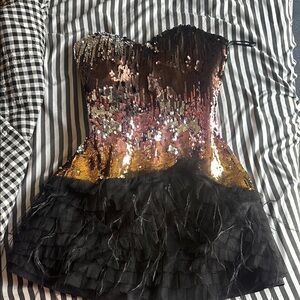 Vintage Sequin Strapless Dress with Black Feathered Skirt